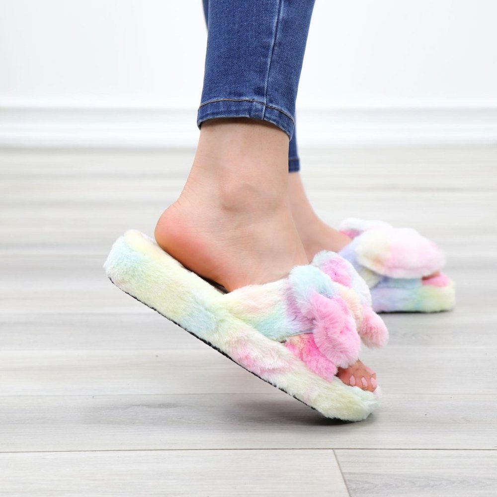 Bow Tie Furry Slip On Tie Dye Slippers - Picture 6 of 16